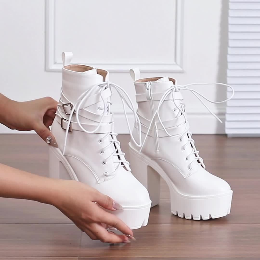 Elegant White Platform Ankle Boots for Women - Comfortable Lace-Up with Side Zipper, Non-Slip Thick Sole, High Chunky Heel - Perfect for Parties & Events, Fashionable British Style Short Boots, High Heel Boots